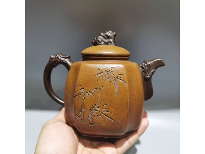 Théière chinoise YFête ing Zisha en argile faite à la main, motif de bambou exquis