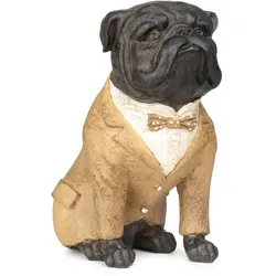 Moritz Deko-Figur Mops Hund im beigen Anzug mit Fliege sitz aus Polyresin Dekorations Idee Standdeko Tierwelt Statue Haustier Skulptur