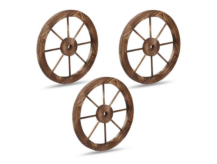 Relaxdays Wagenrad Braun Holz 3er-Set 40 cm geflammt, Holz, Kunststoff, 40x40x2.5 cm, Dekoration, Gartendeko