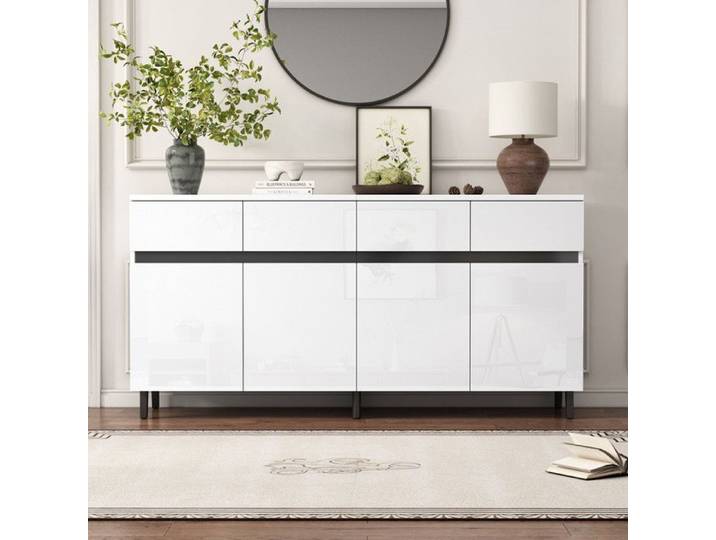 Buffet à haute brillance commodes Highboard commodes à tiroirs avec 4 tiroirs 2 portes et étagères réglables en hauteur Blanc