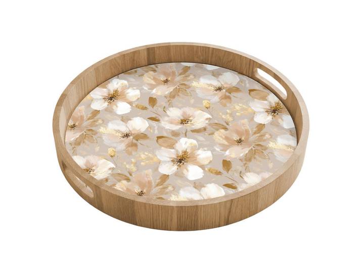 OnlyWow Tablett - Blumen - künstlerisch - Gold - 40x40 cm, Beige, Holz, Echtholz,Eiche, Rund, 40x5x5 cm, Geschirr, Tischkultur & Serviergeschirr, Tabletts