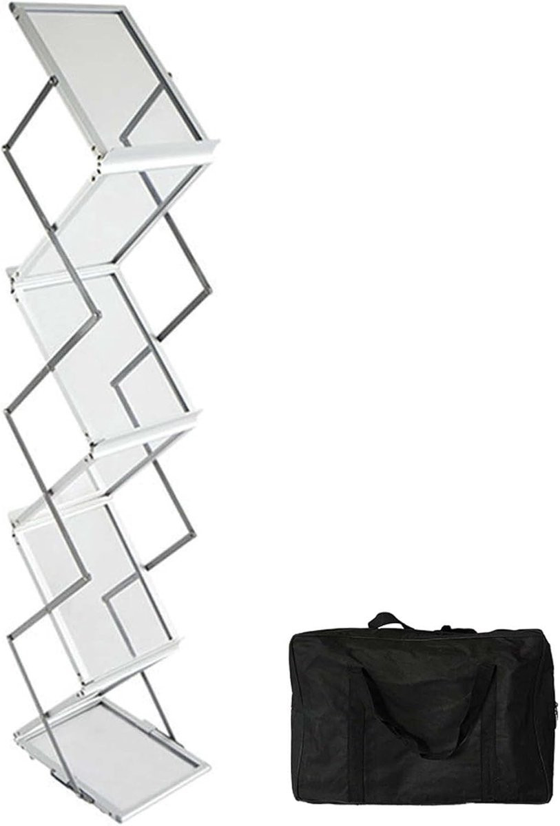 Zwarte opvouwbare tijdschriftenhouder met 7 planken in ladder-stijl voor het presenteren van documenten