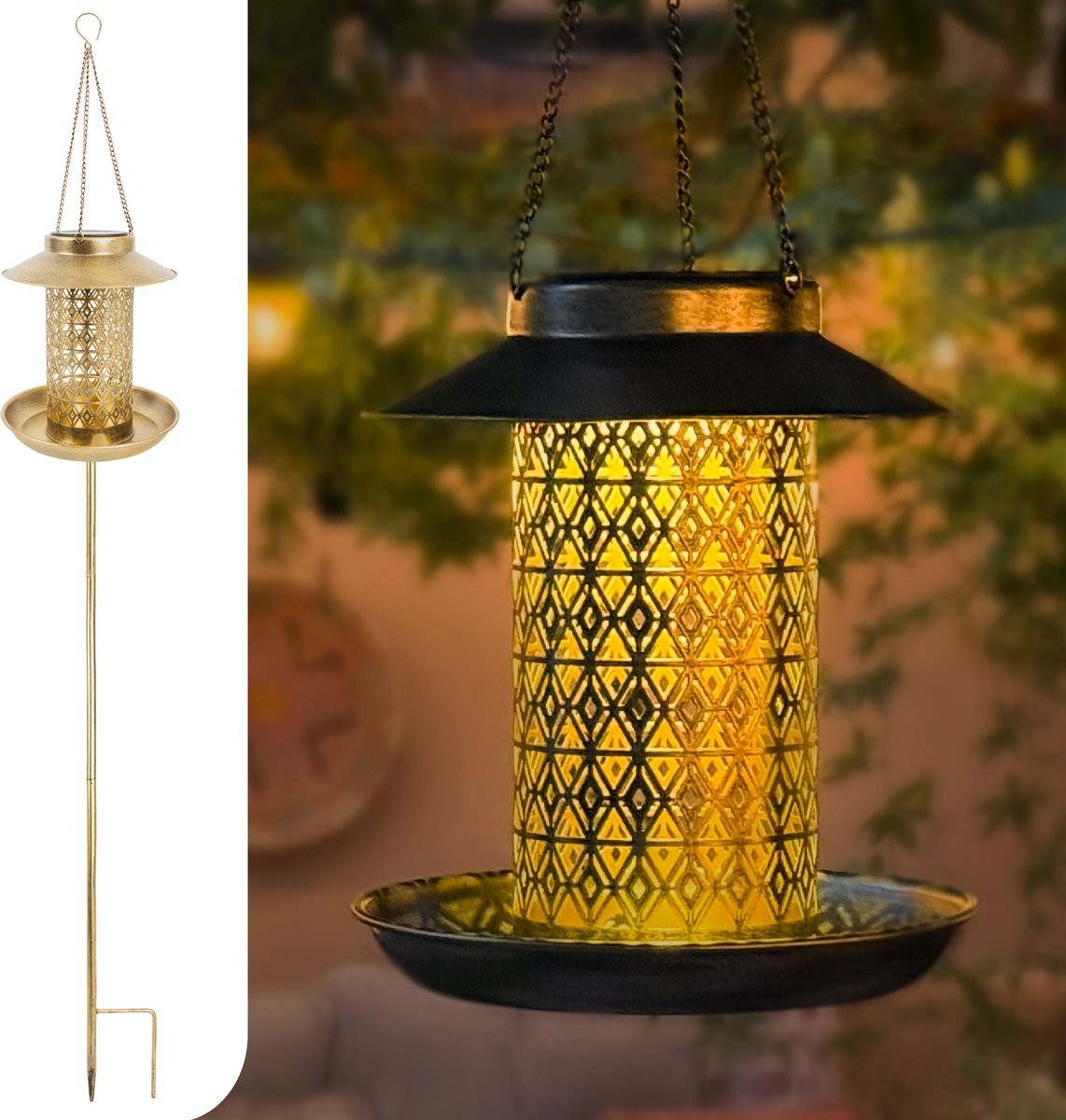 Gadgy Solar Tuinverlichting met Vogelvoederhuisje, Goud, Hoogte: 87 cm