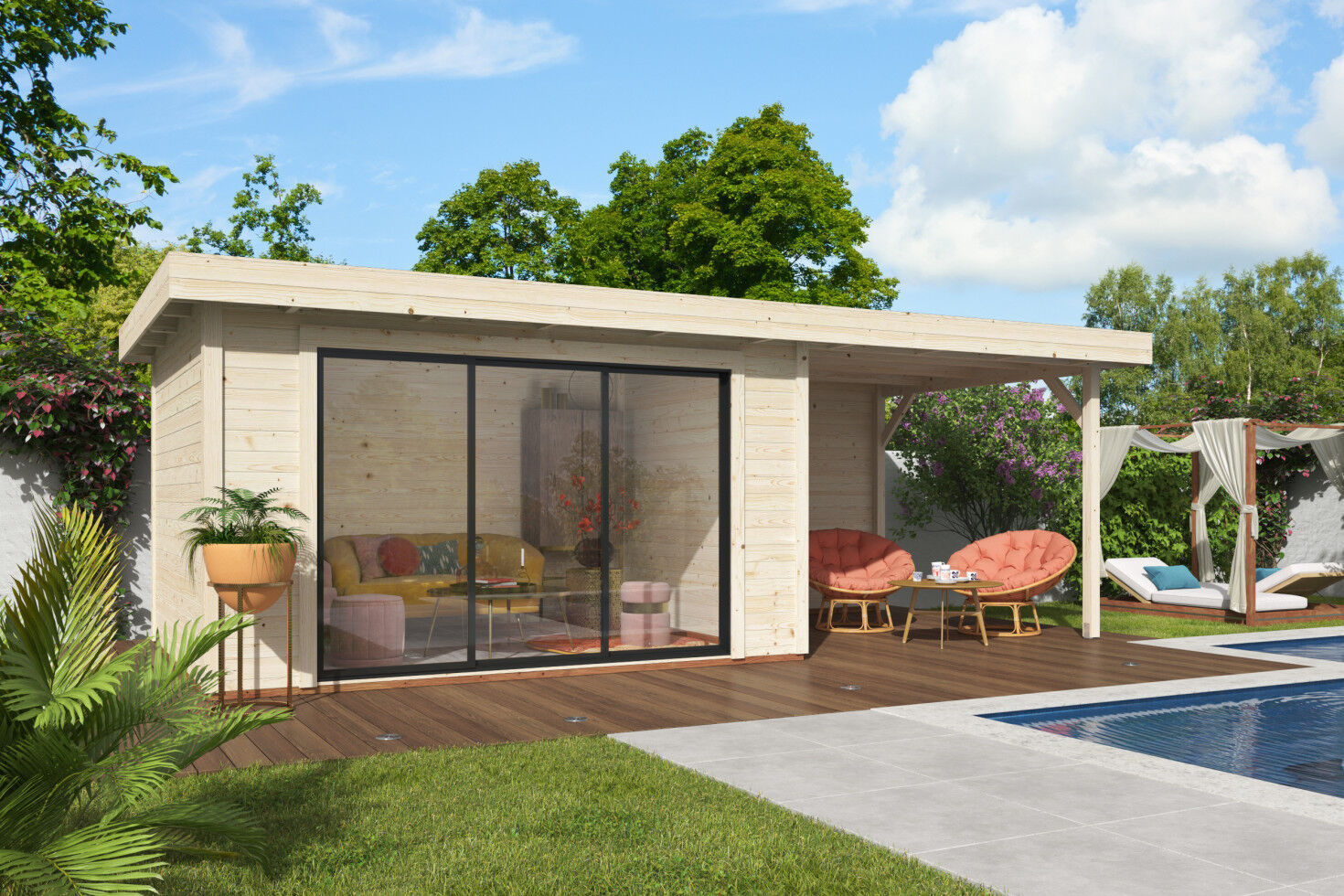 Palmako Gartenhaus Lydia 663 x 291 cm mit Schiebetüren naturbelassen