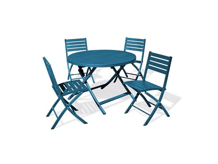Ensemble repas de jardin rond en aluminium (4 places) - Bleu canard - MARIUS