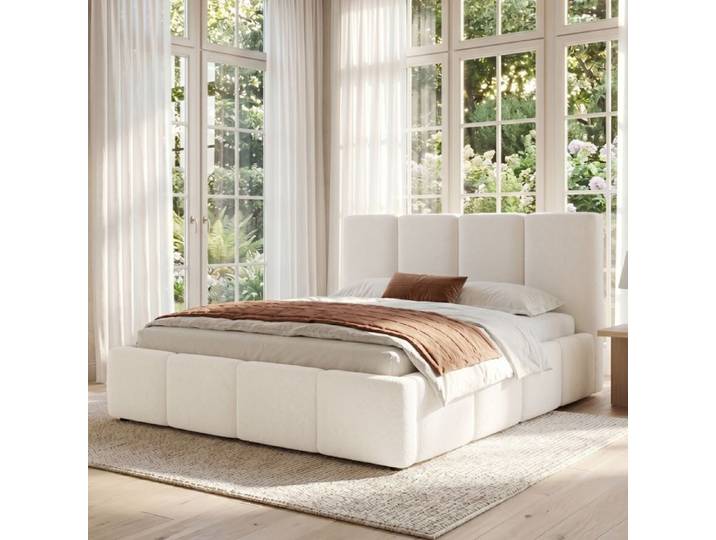 Lit double 160x200 cm capitonné beige tête de lit matelassée sommier à lattes inclus bouclé élégant