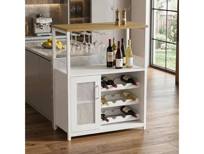 JOLLYTOP Weinbar Schrank 36 – Kompakter Bar Schrank Mit Verstellbaren Ablagen, Glashalter & Metallgittertür – Liquorschrank & Kaffeebar Möbel Für Küche & Esszimmer,Weiß
