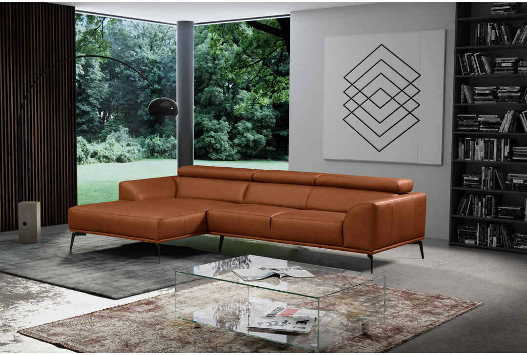 Ivy Bronx Blagovesta Genuine Semi-Aniline Leather Corner Sofa with Upholstered Frame Cognac 92cm H X 283cm W X 173cm D