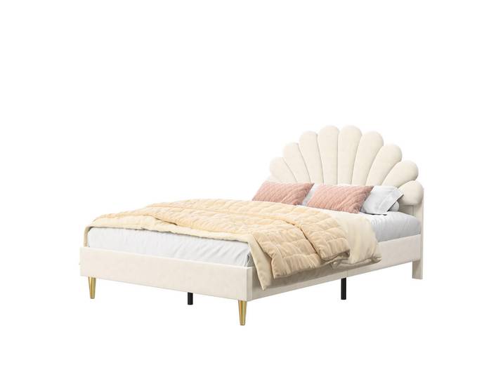 Polsterbett 140x200 cm, Blumenform-Kopfteil, Samt, Beige, Mode, 140x200 cm, Schlafzimmer, Betten, Polsterbetten