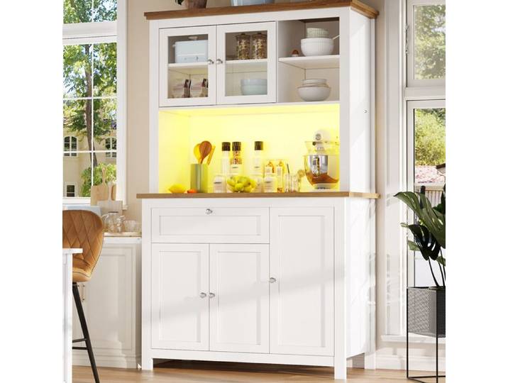 Buffet de cuisine VIVRYN 104 × 40 × 180 cm armoire haute 5 portes 1 tiroir éclairage LED blanc