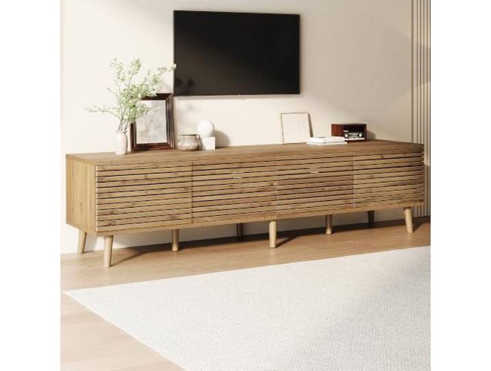 Ropilly TV Schrank 180 cm, TV Lowboard für 75 Zoll mit 4 Türen, Holzfarbe Stilvolles TV‑Möbel mit 6 Fächern und Kabeldurchführung, Lamellentüren bieten Staubschutz.
