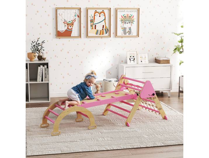 AIYAPLAY Triangle Escalade Enfants 8 en 1 Bois Rose