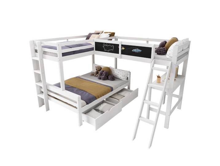 Stilvora Hochbett 140/200 cm & 90/200 cm in Weiß & Eichefarben Kinderbett mit Schubladen und Schreibtisch, 90x200 cm, Babymöbel & Kindermöbel, Kinderzimmer & Jugendzimmer, Stockbetten