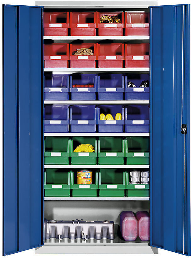Materialschrank aus Stahlblech, mit 24 Sichtlagerkästen, lichtgrau RAL 7035 / enzianblau RAL 5010 eurokraft pro