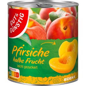 Gut&Günstig Obstkonserve Pfirsiche, leicht gezuckert, vegan, Hälften in der Dose, 820 g