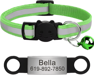 Inspire Picks Personalized Reflective Cat Collar With Engraved ID Nameplate & Bell lgreen 88