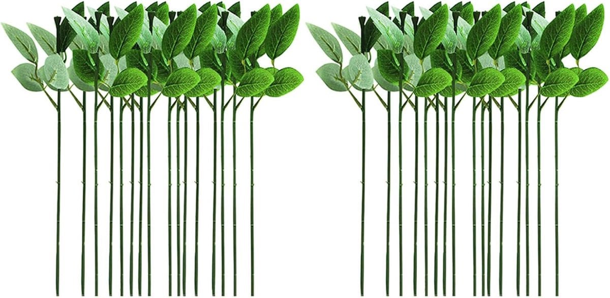 60 stuks Kunstbloemstelen met bladeren - Groene draadstelen voor bloemstukken - Natuurlijke uitstraling