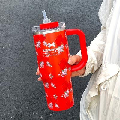 Uplifted Trends Floral Print Stainless Steel Tumbler With Straw Vacuum Insulated Ice Cold Retention Cup red