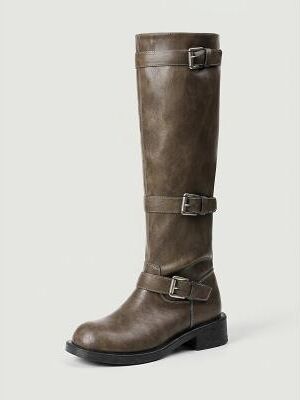 LightInthebox Women's Brown Faux Leather Wide Calf Biker Boots - Triple Buckle Strap Moto Knee High Riding Boots for Motorcycle Riding, Music Festivals Outdoor Casual Wear
