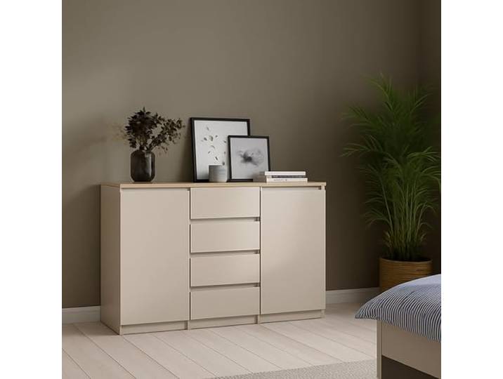 Dmora - Vitrine Crodo, Wohnzimmerbuffet mit 2 Türen und 4 Schubladen, Wohnzimmerschrank und Küchenschrank, 121x50 h91 cm, Beige