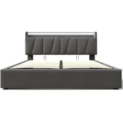 Merax Polsterbett Doppelbett mit aufladen USB Ladefunktion Stauraum-Kopfteil und LED-Beleuchtung, 160x200cm, Grau