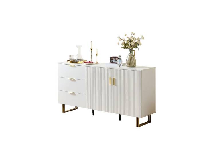 Refined Living Sideboard Kommode mit 2 Türen & 3 Schubladen, Aufbewahrungskommode (160 × 40 × 81,5 cm, Wohnzimmer Schrank, Weißes MDF mit Goldgriffen und Braunem Stahlgestell, Viel Stauraum, Wohnzimmer & Esszimmer Schrank, Dekoratives Möbelstück, 1 St), für Flur,Wohnzimmer,Arbeitszimmer,Wohnung,Schlaf-/Esszimmer,Büro