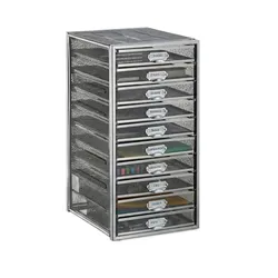 Relaxdays Schubladenbox, 10 Schubfächer, für Din A4 Dokumente, Ordnungssystem für Schreibtisch, Aktenablage, silber