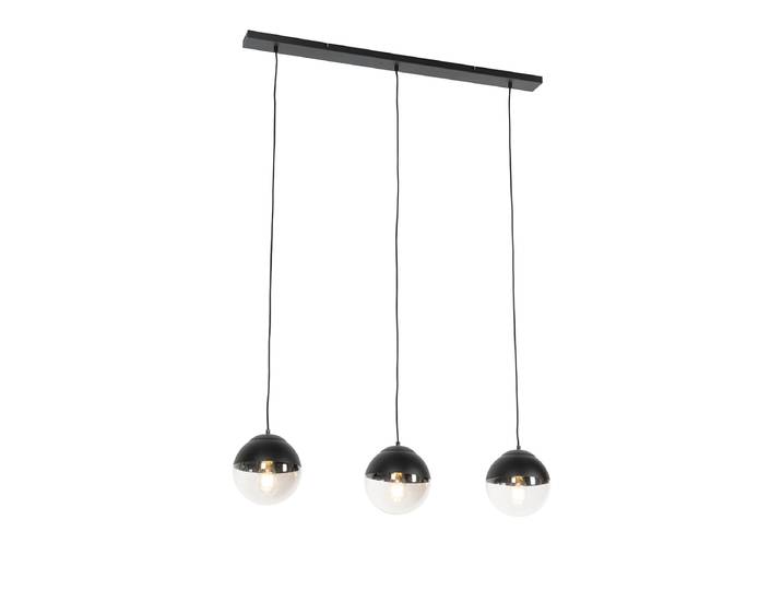 Suspension rétro noire avec verre transparent oblong 3 lumières -