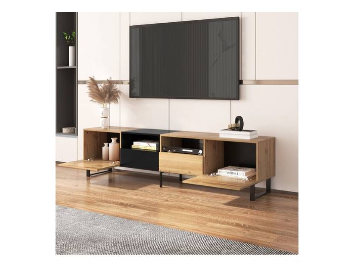 REDOM TV-Schrank Moderner TV-Ständer in Schwarz und Holz – TV-Möbel mit 2 Türen (190*48*38 cm, Leicht Zugänglich, Schnelle Montage) PVC-Kanten