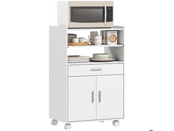 Rangement cuisine optimisé avec desserte micro-ondes blanche étagère rétractable tiroir et roulettes pivotantes