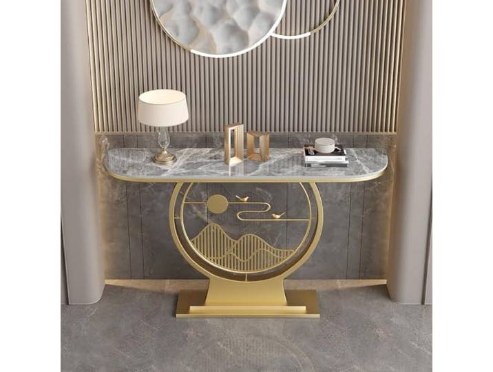 Halbmond Konsolentisch mit Steinplatte, Metallrahmen, Eingangstisch Halbmond-Design, Steinoptik-Platte, Metallgestell, schmaler Konsolentisch für Flur, Eingang und Wohnzimmer