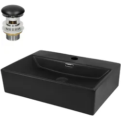 LuxeBath ML-Design Aufsatzwaschbecken Keramik Schwarz matt 515×360×130 mm, eckig, mit Überlauf, inkl. Ablaufgarnitur – modernes Waschtischbecken