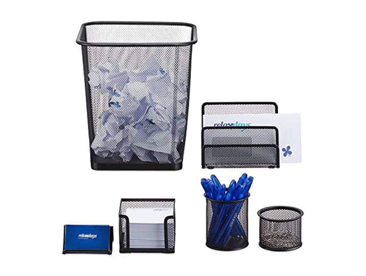 Relaxdays Set 6 fournitures de bureau poubelle pot crayon bloc notes cartes de visite courrier métal\, noir