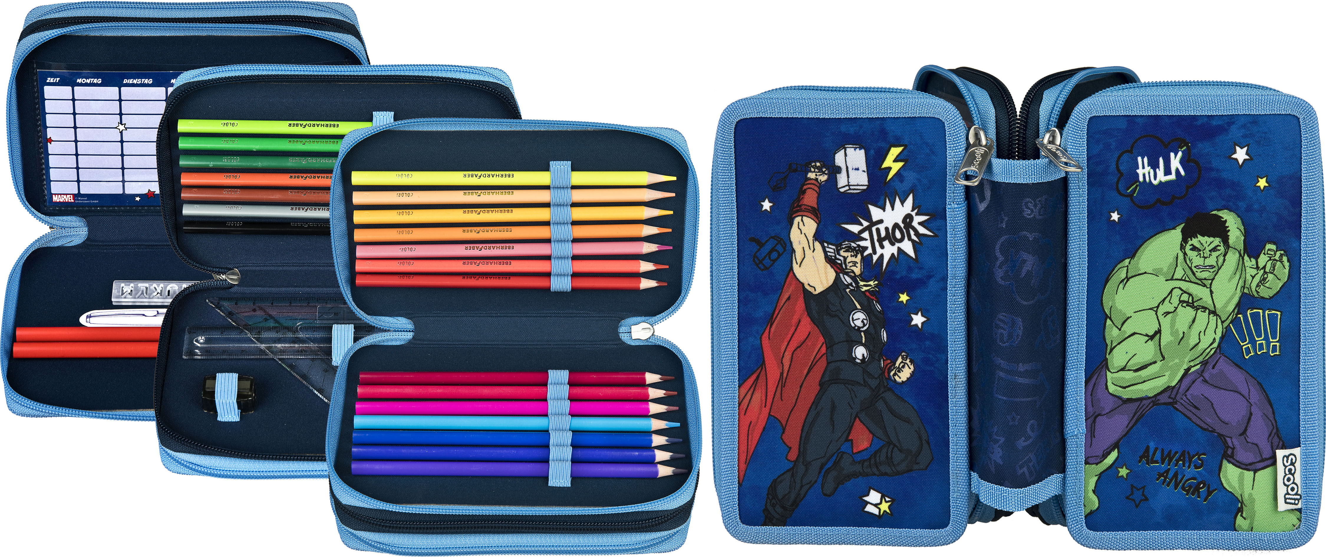 Federmäppchen SCOOLI "Tripledecker, Avengers", Kinder, bunt (avengers), Polyester, Schreibgeräteetuis Federmäppchen avengers Einheitsgröße