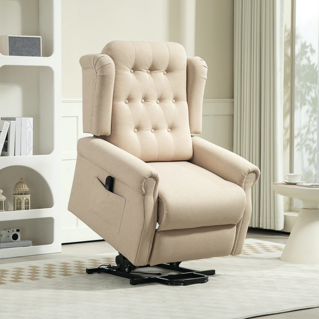 Latitude Run Bamir Power Lift Recliner Armchair with Wingback Button Tufted Beige 105cm H X 94cm W X 85cm D