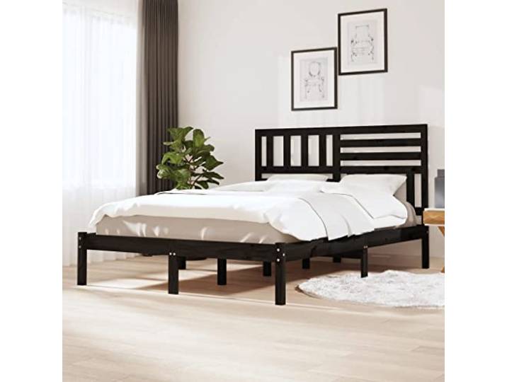 YNGBHFNOP Massives Kiefernholz Stabil Rustikal Schwarz 140 x 190 cm Massivholzbett Schwarz Kiefer 140x190 cm Bettgestell mit Kopfteil stabil Holzbett Lattenrost