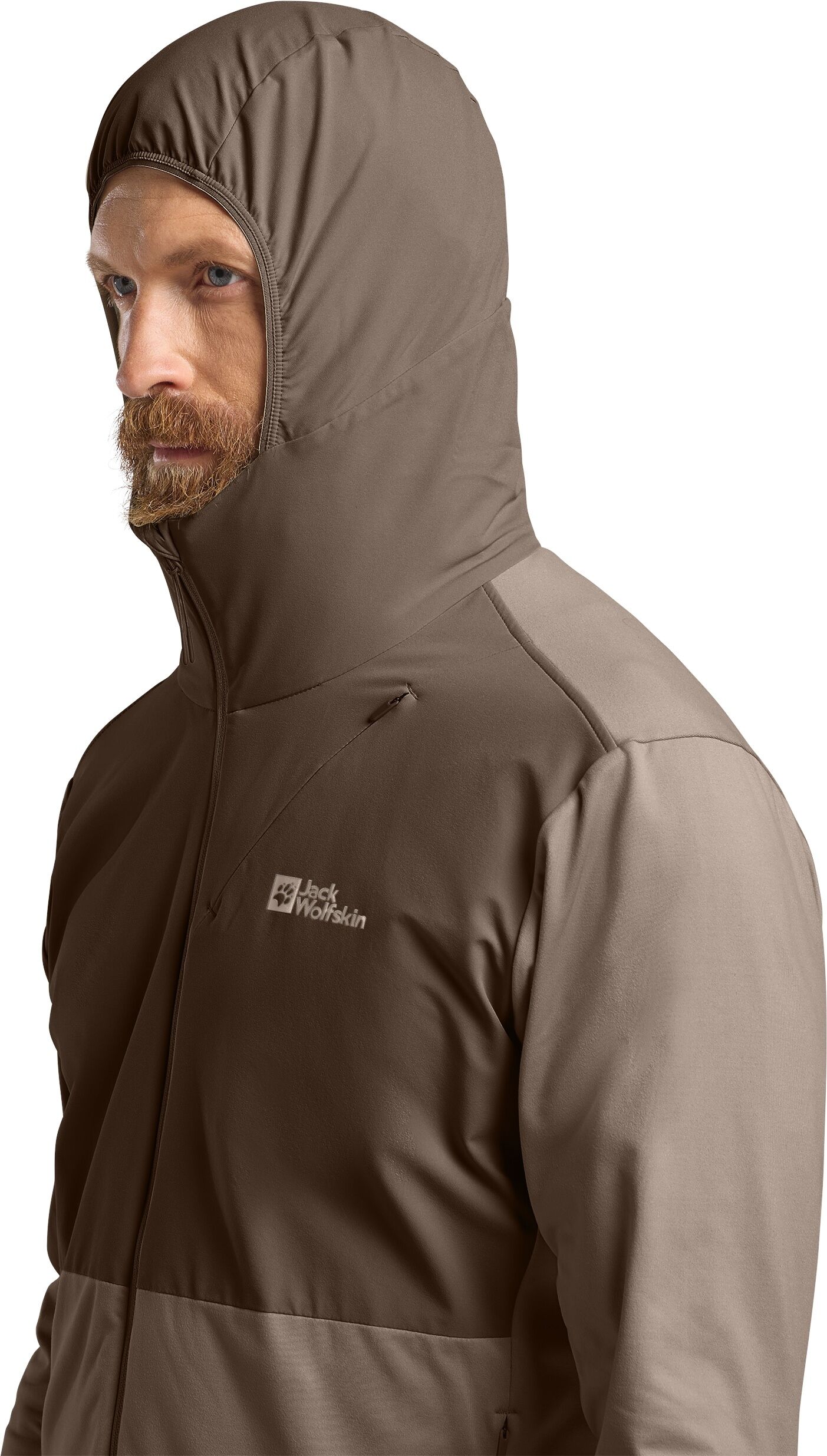 Kapuzenfleecejacke JACK WOLFSKIN "PRELIGHT TRAIL HOODY M", Herren, Gr. XL (54/56), braun (cold, coffee), Obermaterial: 84% Polyester, 16% Elasthan. Futter: 100% Polyester, Jacken Kapuzenfleecejacke, mit zusätzlicher Schicht am Oberkörper, aus TEXADRI-Flee