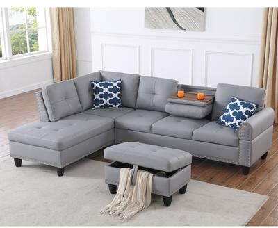 Traditional Upholstered L-Shaped Sectional Sofa with Accent Pillows by GDFStudio