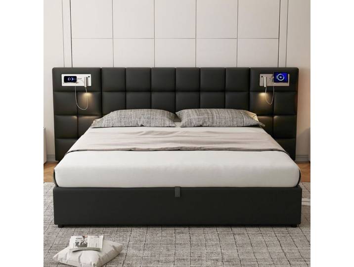 Lit coffre hydraulique 180x200 cm noir PU USB