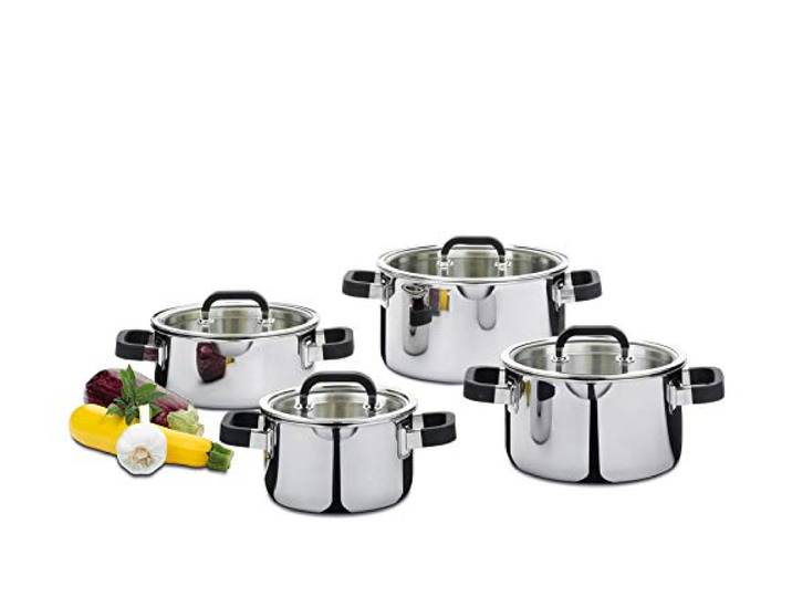 Spring Fusion2+ Starter-Set-Kp0385850604 Edelstahl Glasdeckel, spülmaschinenfest, backofenfest bis 250 °C, Innenskala, Töpfe mit 2,0 L / 3,7 L / 6,5 L / 2,7 L Inhalt.