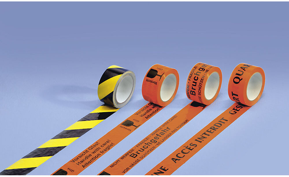 kaiserkraft PVC-Warnband, Aufdruck Vorsicht Glas!, VE 6 Rollen, Bandbreite 50 mm