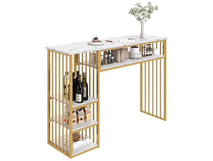 ROVRYN Table bar avec rangement 140 x 40 x 105 cm plateau MDF aspect marbre métal doré