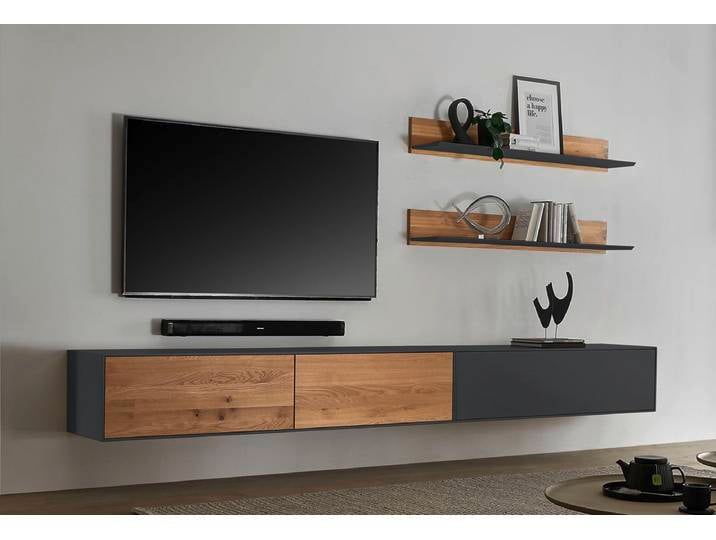 Wohnwand IV 320cm 'Locarno' Wildeiche massiv & MDF anthrazit