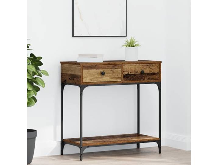 HEFZGDB Konsolentisch Altes Holz 75x34.5x75 cm mit Zwei Schubladen und Regal aus Ingenieurholz Rustikaler Beistelltisch Stauraum Wohnzimmer
