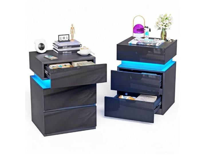 Lot de 2 Table de Chevet Brillante Lvhcmfohm 3 Tiroirs RGB LED Multicolore Réglable Table de Chevet Noir 40x35x56cm