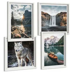 BILDER SET 4er Set - 50x50 cm & 40x60 cm Weißer Rahmen - Berge, Seen, Wasserfall, Wolf