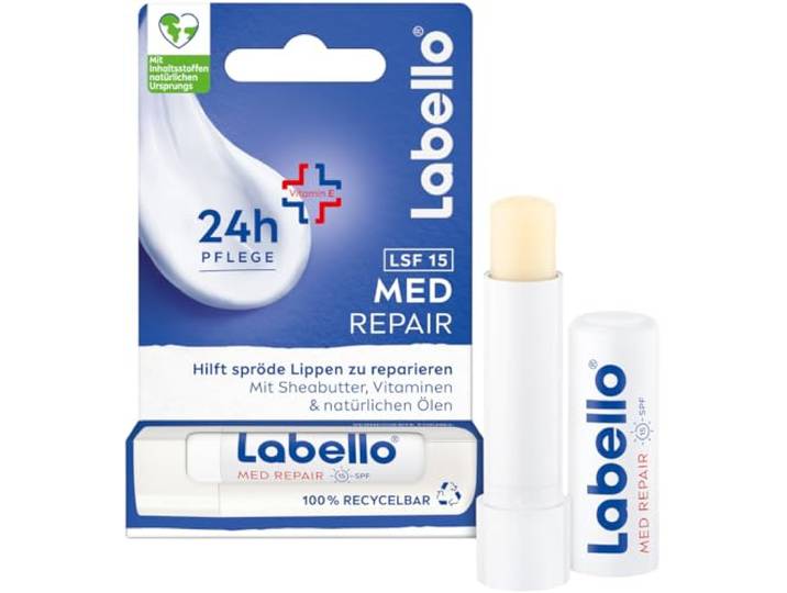 Labello Med Repair Lippenbalsem zonder minerale olie met SPF 15 en vitamine E voor broze lippen, lippenbalsem met sheaboter en natuurlijke oliën (4,8 g)