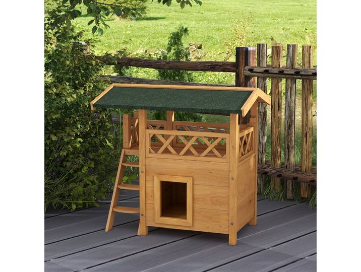 PawHut Maison Chats Sauvages Bois Naturel avec Terrasse 77x50x73 cm
