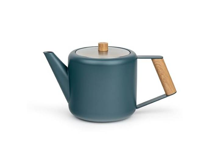 Bredemeijer blaue Edelstahl Teekanne 1.1 Liter - Griff in Holzoptik - doppelwandige Retro Kanne - für längeren, warmen Teegenuss