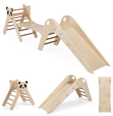 Costway Triangle Set Foldable Kids Climbing Toys Panda-Themed Wood Montessori Climbing Set-Natural